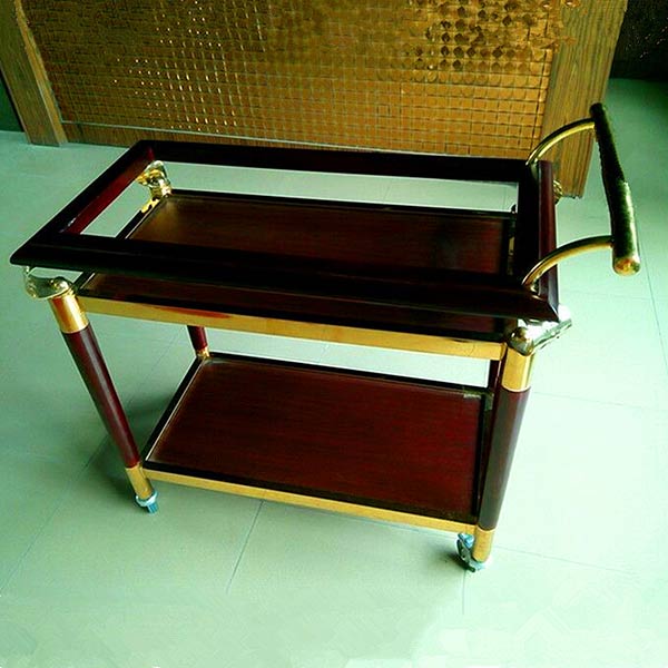 Paloca lắp đặt xe đẩy rượu mặt gỗ khung inox vàng