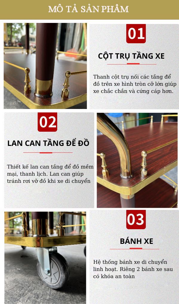 Đặc điểm thiết kế của xe đẩy rượu 3 tầng nhà hàng