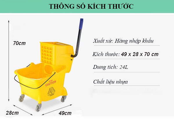 Kích thước xe vắt móp loại 24L bằng nhựa