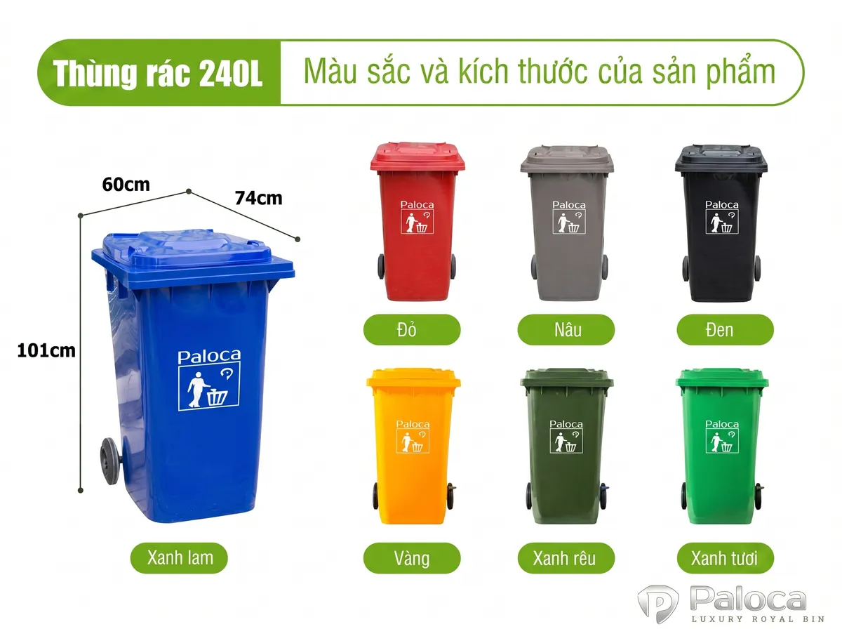 Thùng đựng rác nhựa 240l màu xanh, thùng rác có bánh xe cao su, hàng chính hãng Paloca