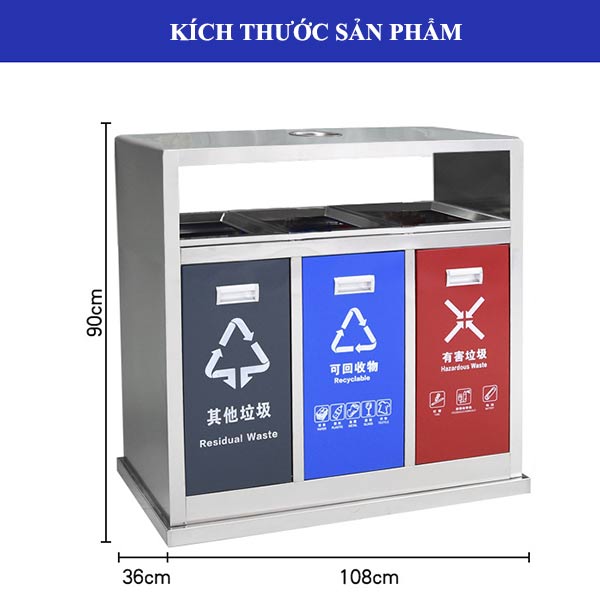 Tham khảo kích thước thùng rác inox 3 ngăn