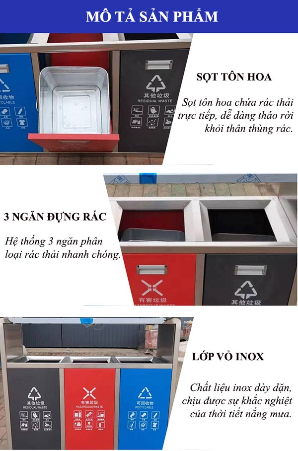 Chi tiết các bộ phận cấu thành thùng rác 3 ngăn