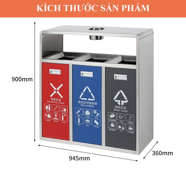Tham khảo kích thước thùng rác inox 3 ngăn