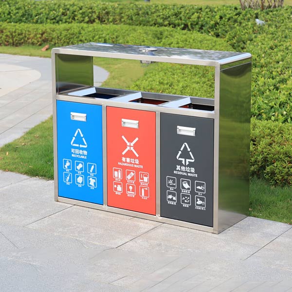 Mẫu thùng rác 3 ngăn có gạt sàn sản xuất bằng inox