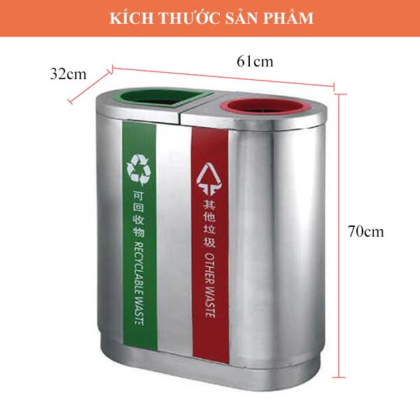 Chi tiết kích thước thùng rác 2 ngăn bằng inox 201
