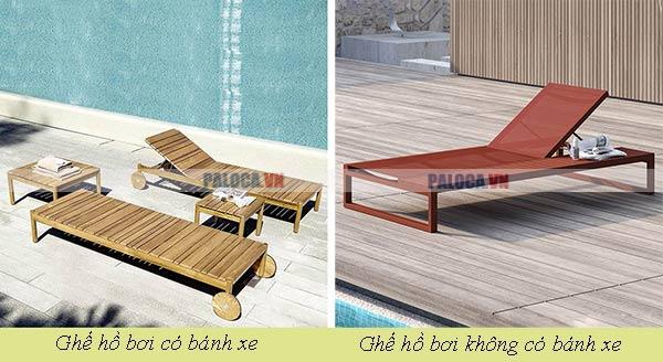 1 số loại ghế hồ bơi: Ghế hồ bơi có bánh xe và không có bánh xe