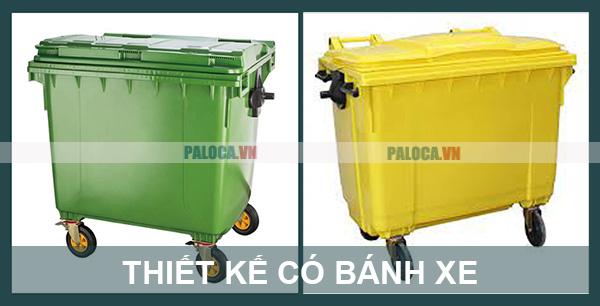 Thiết kế thùng rác công nghiệp có bánh xe và tay cầm/đẩy