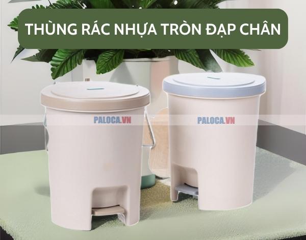 Thùng rác nhựa tròn màu be đạp chân