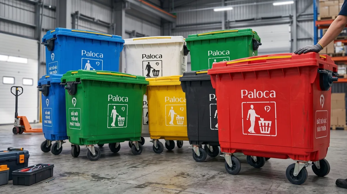 Thùng rác công nghiệp Paloca dung tích lớn có bánh xe cho nhà máy khu công nghiệp